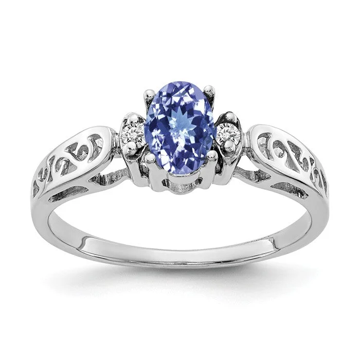 luxury necklaces for women -14k White Gold 6x4mm Oval Tanzanite and Diamond Filigree Side Ring