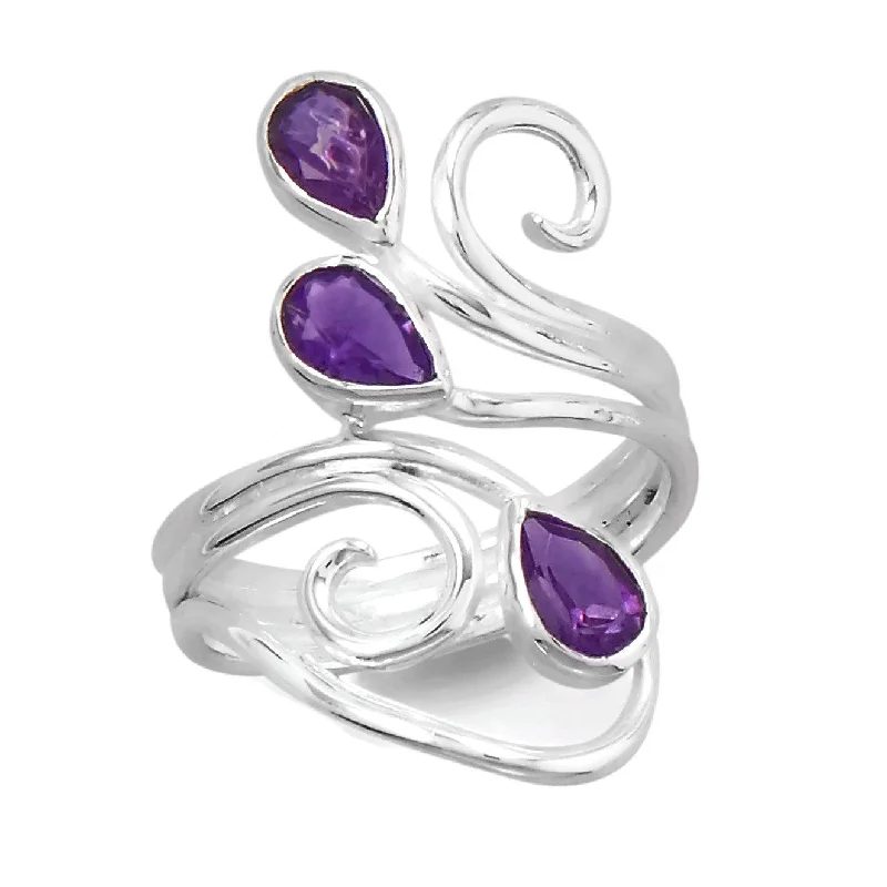 minimalist necklaces for women -Sterling Silver Pear Amethyst Scroll Design Ring