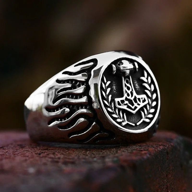 vintage wedding bands for women -Men's Punk Thor's Hammer Fire Ring