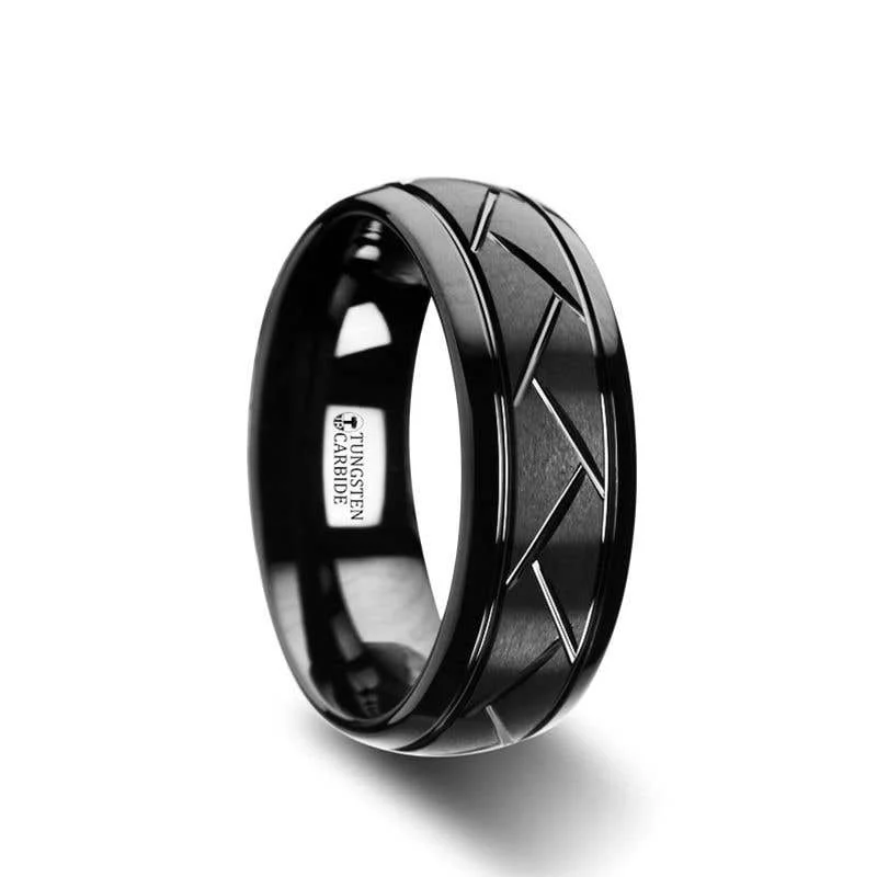 custom name necklaces for women -Thorsten ENIGMA Domed Black Tungsten Ring with Brushed Cross Alternating Diagonal Cuts Pattern - 8mm