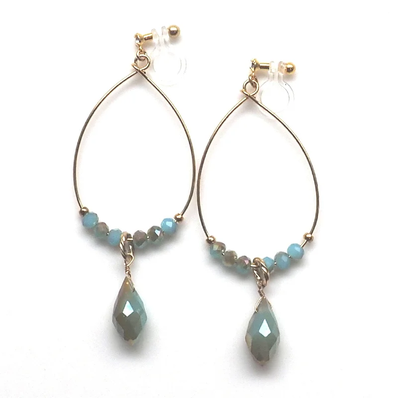 bridal drop earrings for women -Pale green beads invisible clip on hoop earrings