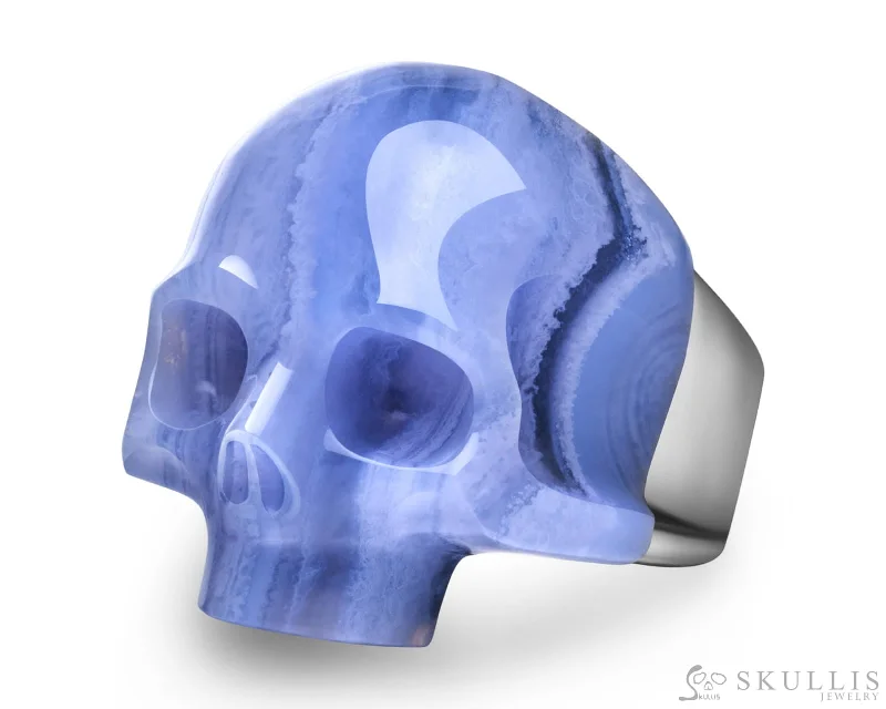 cushion-cut rings for women -Skullis Signature Blue Lace Agate Gem Skull Ring, Hand Carved, Sterling Silver, for Women & Men