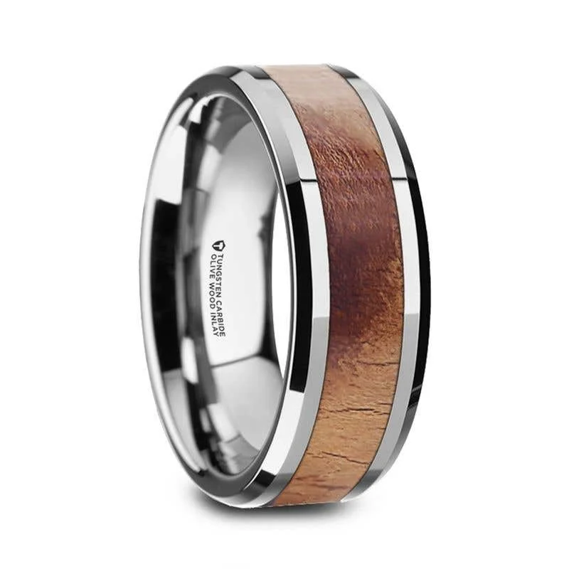 charm necklaces for women -Thorsten OLLIVANDER Olive Wood Inlaid Tungsten Carbide Ring with Bevels - 6mm & 8mm