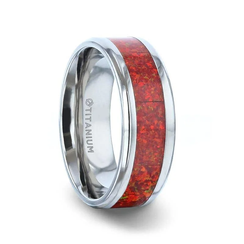 sparkling necklaces for women -Thorsten CASSIOPEIA Titanium Ring With Beveled Edges And Red Opal Inlay - 8mm