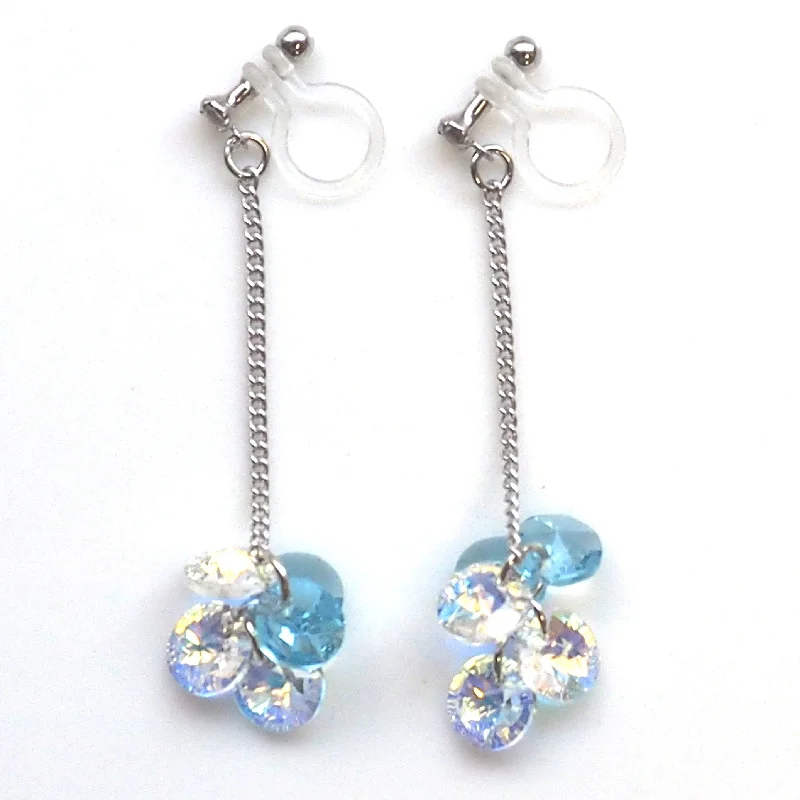 sparkling hoop earrings for women -Dangle Aurora Borealis and Aquamarine Swarovski Crystal Invisible Clip On Earrings