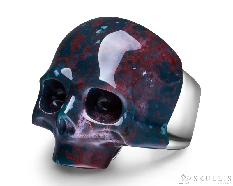 round-cut rings for women -Skullis Signature Bloodstone Gem Skull Ring, Hand Carved, Sterling Silver, for Women & Men