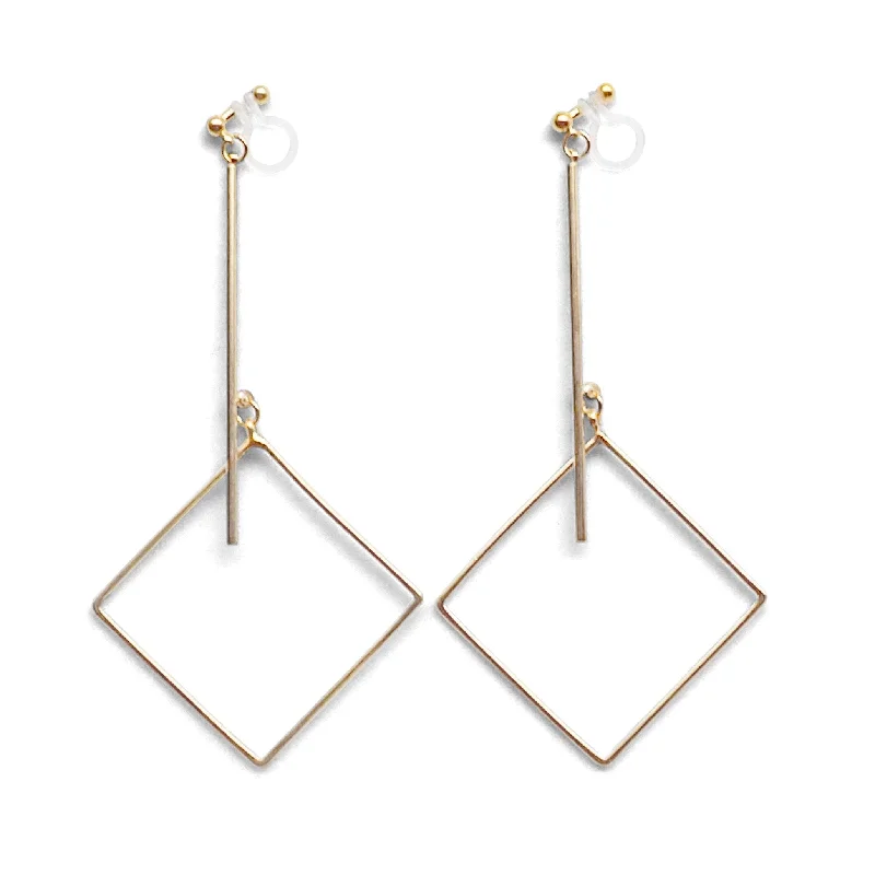 flower earrings for women -Gold Long Bar with square Invisible Clip on Earrings