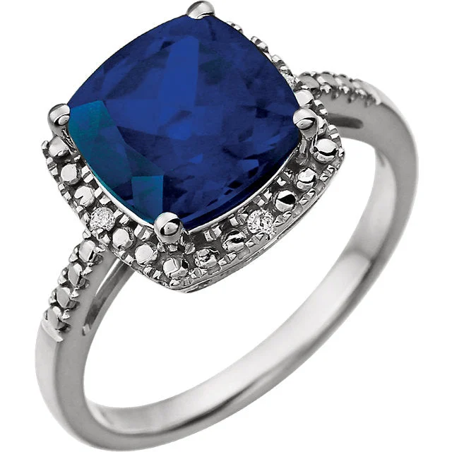 romantic gold necklaces for women -14k White Gold 9mm Cushion Cut Created Blue Sapphire & Diamond Halo-Style Ring