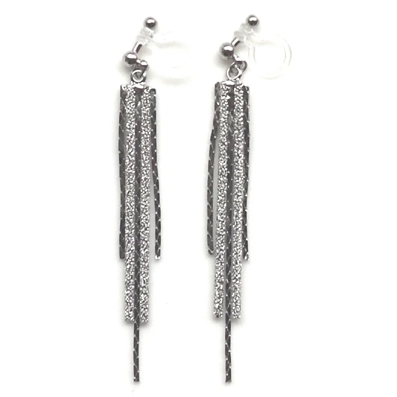 trendy stud earrings for women -Long silver metallic chain invisible clip on earrings