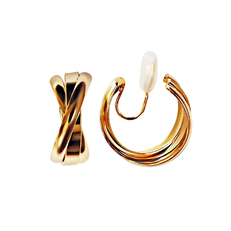 bold statement earrings for women -Gold 20mm Triple Hoop Clip Angle Adjustable Spiral Clip On Earrings