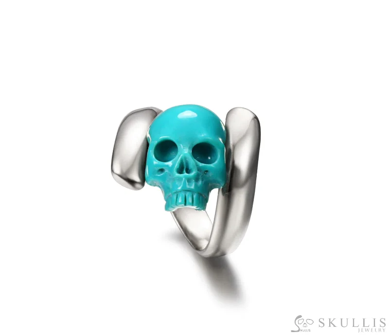 emerald rings for women -Gem Skull Ring of American Turquoise Carved Skull in 925 Sterling Silver