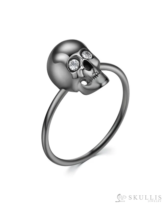 ruby rings for women -Black-plated 925 Sterling Silver Skull Ring with Zircon Eyes