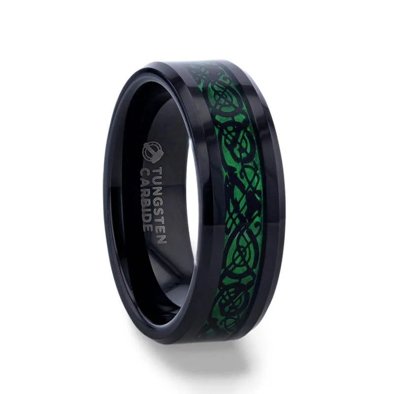 pearl necklaces for women -Thorsten ALLURE Black Dragon Design With Green Background Inlaid Black Tungsten Men's Ring With Clear Coating And Beveled Edge - 8mm