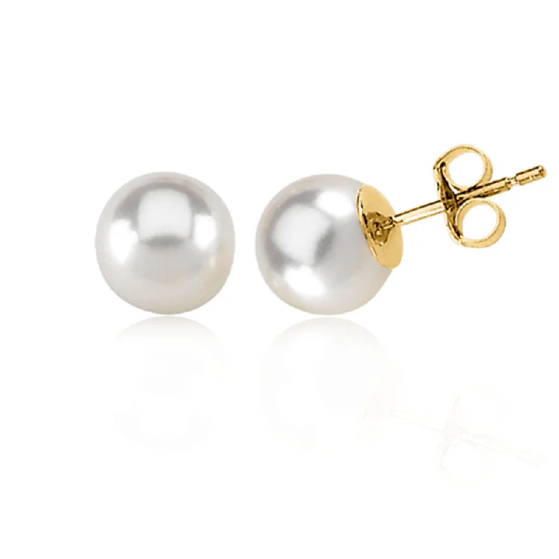 layered drop earrings for women -8mm White Akoya Cultured Pearl and 14k Yellow Gold Stud Earrings