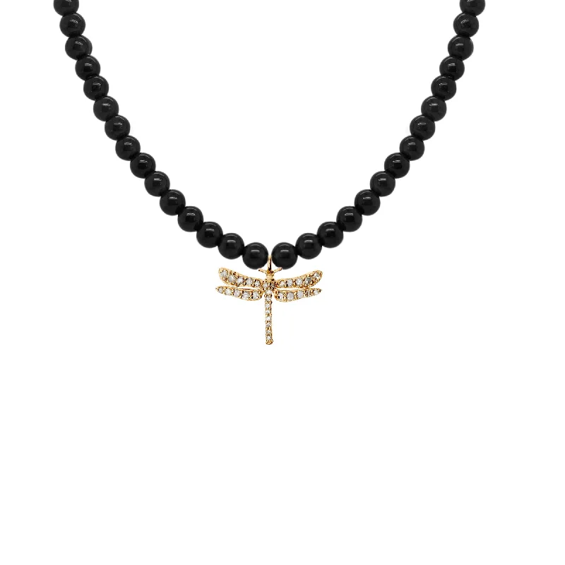 romantic gold necklaces for women -Black Dragonfly 18K Gold Plated Necklace w. Onyx & Diamond