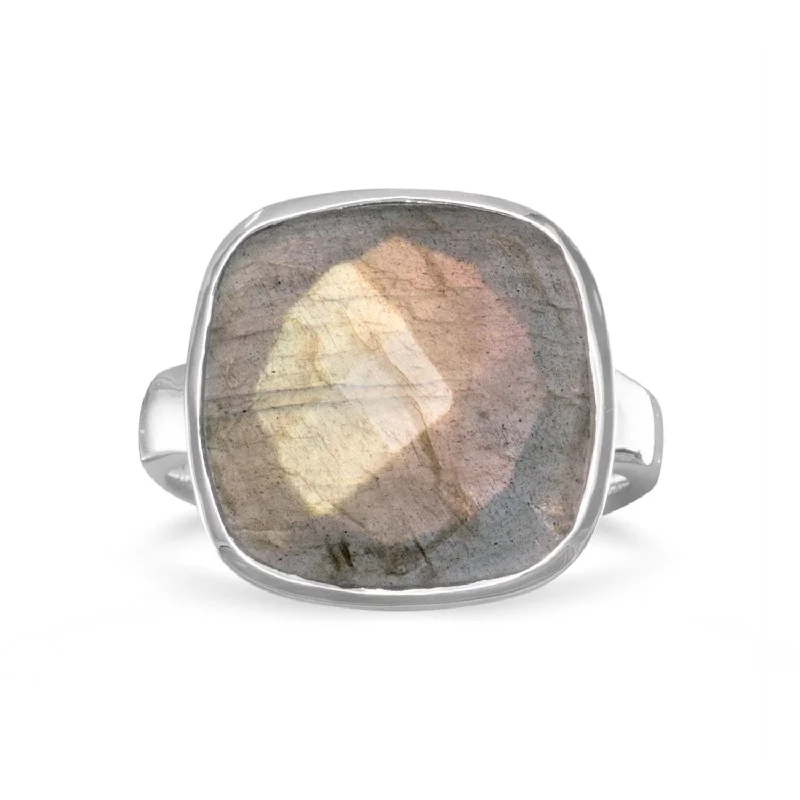 bold necklaces for women -Sterling Silver Large Checkerboard Faceted Cushion Cut Labradorite Ring