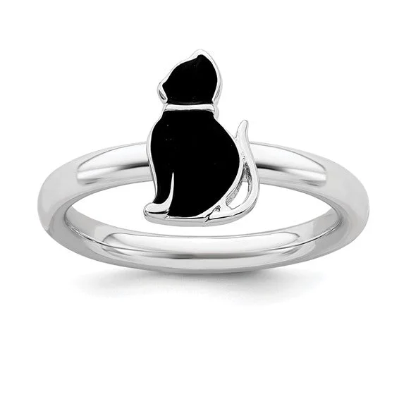 romantic pendant necklaces for women -Sterling Silver Stackable Expressions Black Enameled Cat Ring