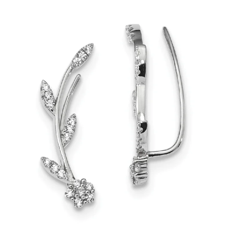 art deco earrings for women -6 x 27mm Rhodium-Plated Sterling Silver CZ Flower Ear Climber Earrings