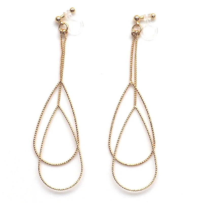 trendy earrings for women -Dangle gold double pear hoop invisible clip on earrings