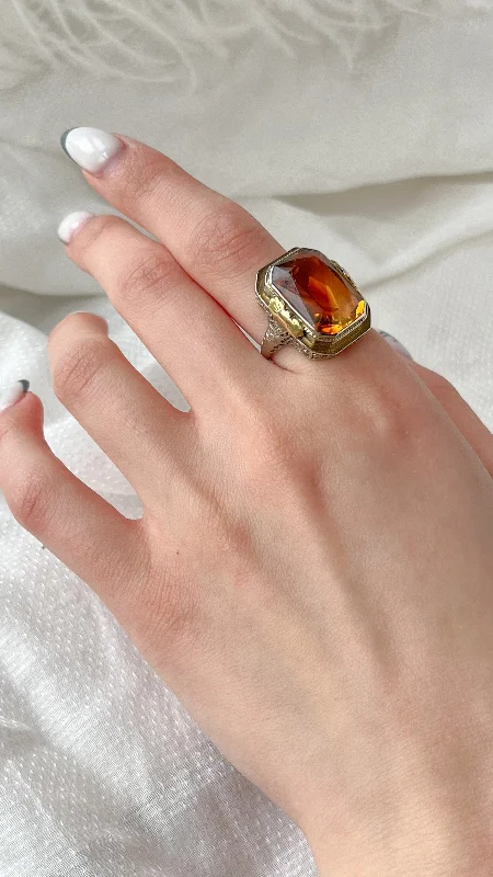 custom gemstone rings -Art Deco Citrine cocktail ring in White and Yellow Gold