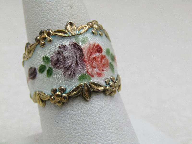 custom diamond rings for women -Vintage Sterling Vermeil Rose Guilloche Ring, Sz. 8.5