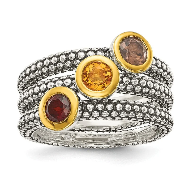 celestial necklaces for women -Sterling Silver Set of 3 Flash Gold Garnet, Citrine & Smoky Quartz Stackable Rings