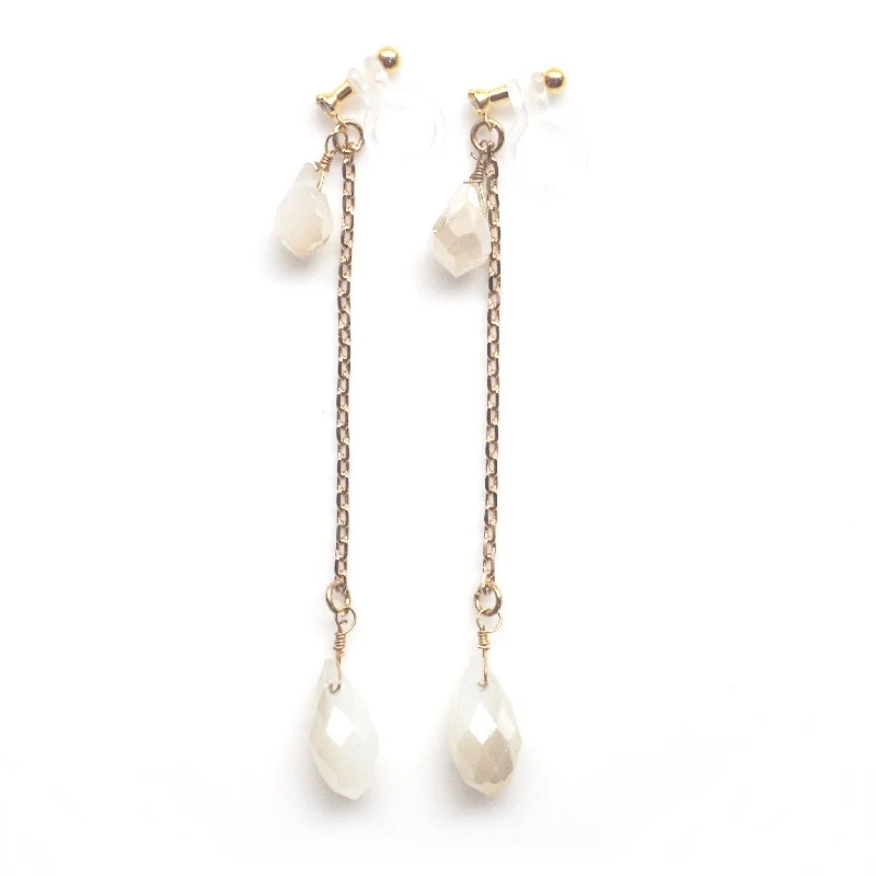 small hoop earrings for women -Dangle ivory beads invisible clip on earrings