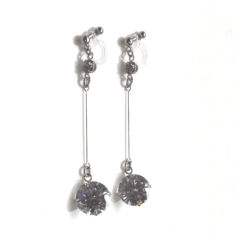 gold earrings for women -Dangle bridal round cubic zirconia invisible clip on earrings