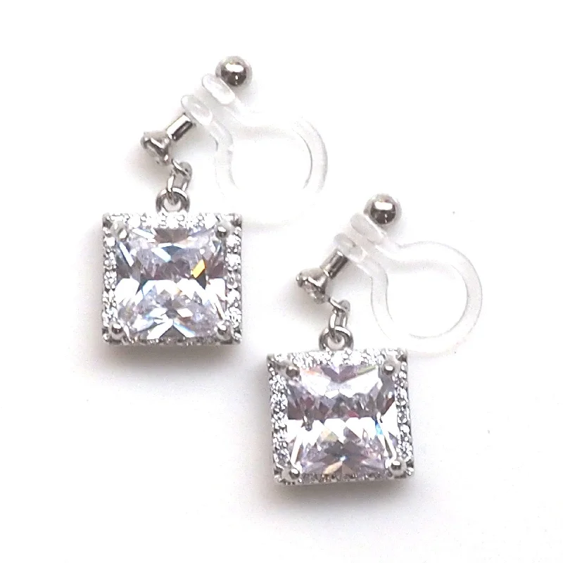 luxury drop earrings for women -Bridal square cubic zirconia invisible clip on earrings ( silver tone )