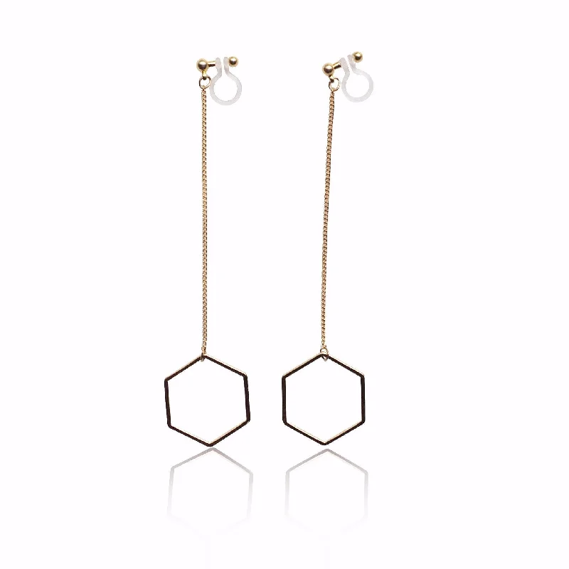 small hoop earrings for women -Dangle long gold hexagon invisible clip on earrings