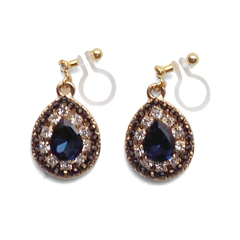 luxury earrings for women -Dangle Teardrop Navy Blue and Clear Rhinestone Crystal Invisible Clip on Earrings