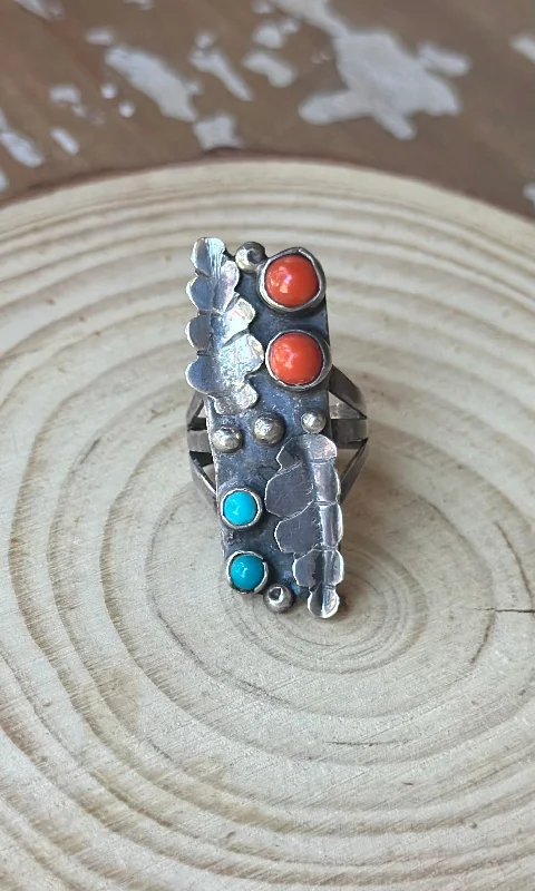 luxury rings for women -DOUBLE DECKER Silver Coral & Turquoise 70s Vintage Ring, Size 6 1/4