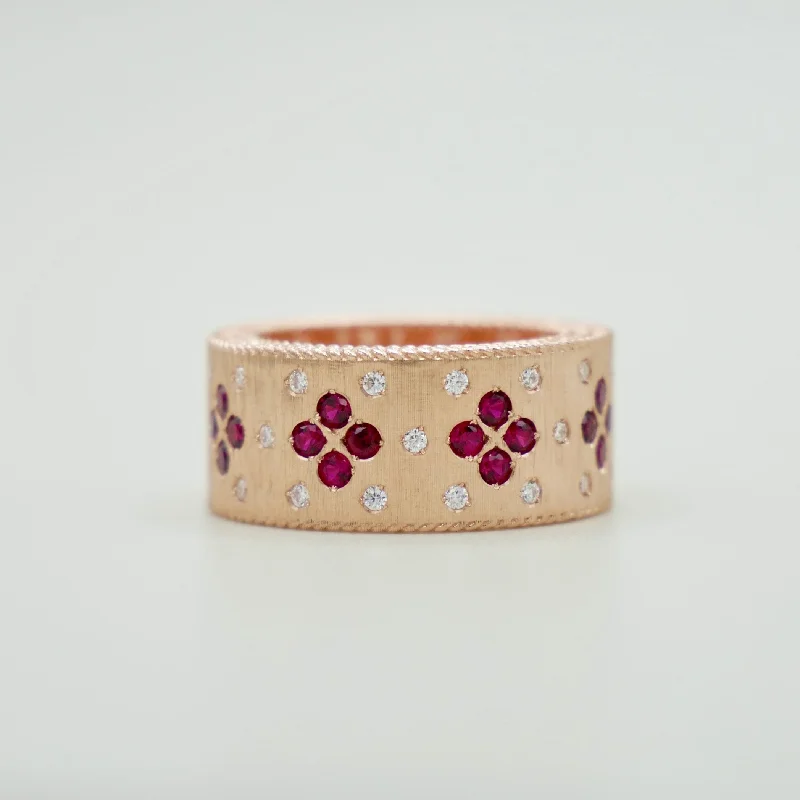 gold rings for women -14K Rose Gold Silk Engraved Ring with Lab Rubies and Moissanites