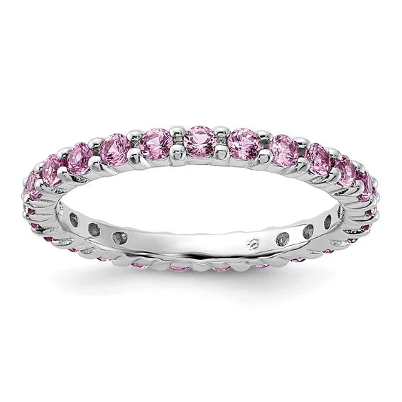 geometric necklaces for women -Sterling Silver Stackable Expressions Pink Sapphire Eternity Ring