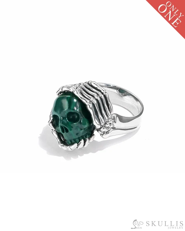 trendy rings for women -Gem Skull Ring of Malachite Carved Skull with Skeletal Hands in 925 Sterling Silver, US Size 12 - 0506413