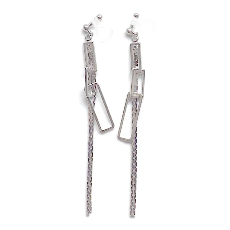 small hoop earrings for women -Silver chain and rectangular motif invisible clip on earrings