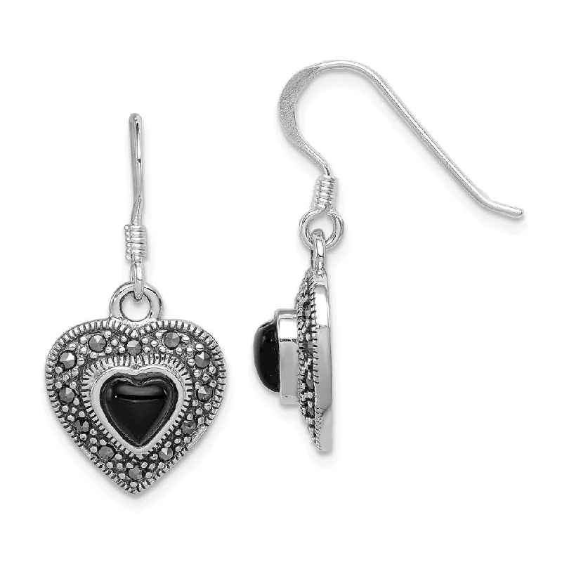 designer earrings for women -13mm Onyx and Marcasite Heart Dangle Earrings in Sterling Silver