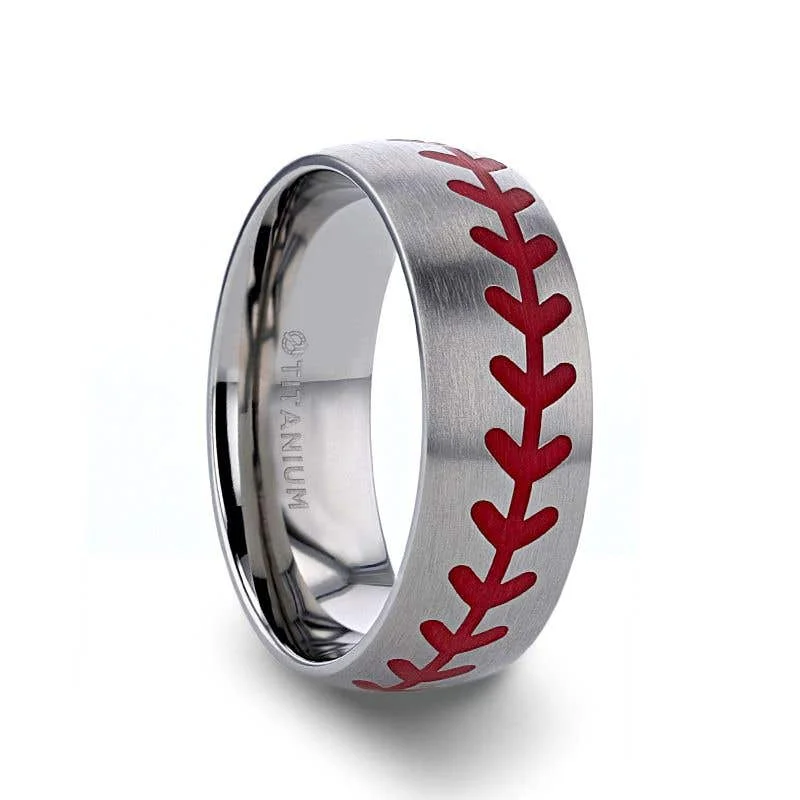 elegant charm necklaces for women -Thorsten DIMAGGIO Titanium Brushed Finish Ring with Red Baseball Stitching Pattern - 8mm