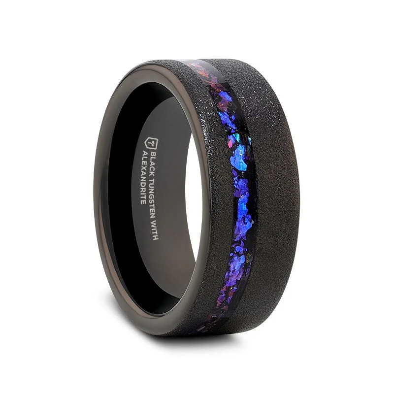 personalized crystal necklaces for women -Thorsten MIRAGE Sandblasted Black Tungsten Ring with Crushed Alexandrite and Dark Blue & Purple Crushed Goldstone - 8mm