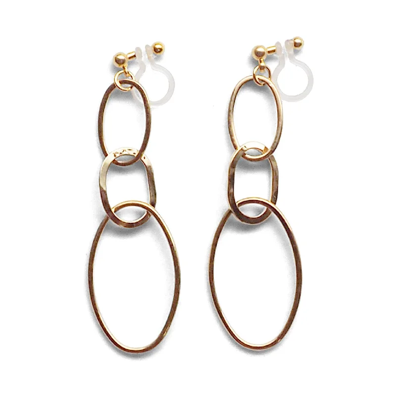 bold statement earrings for women -Dangle Gold Triple Hoop Invisible Clip on Earrings