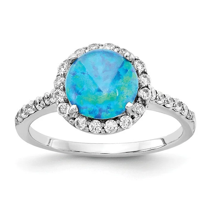 classic necklaces for women -Cheryl M Sterling Silver Round Lab Created Blue Opal and CZ Halo Ring