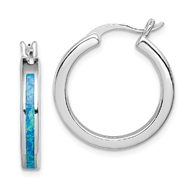 layered earrings for women -Created Blue Opal Inlay Round Hoop Earrings in Silver, 20mm (3/4 in)