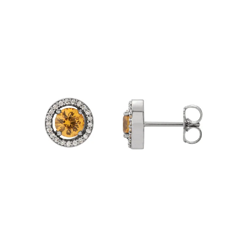 bridal earrings for women -8mm Halo Style Yellow Sapphire & Diamond Earrings in 14k White Gold