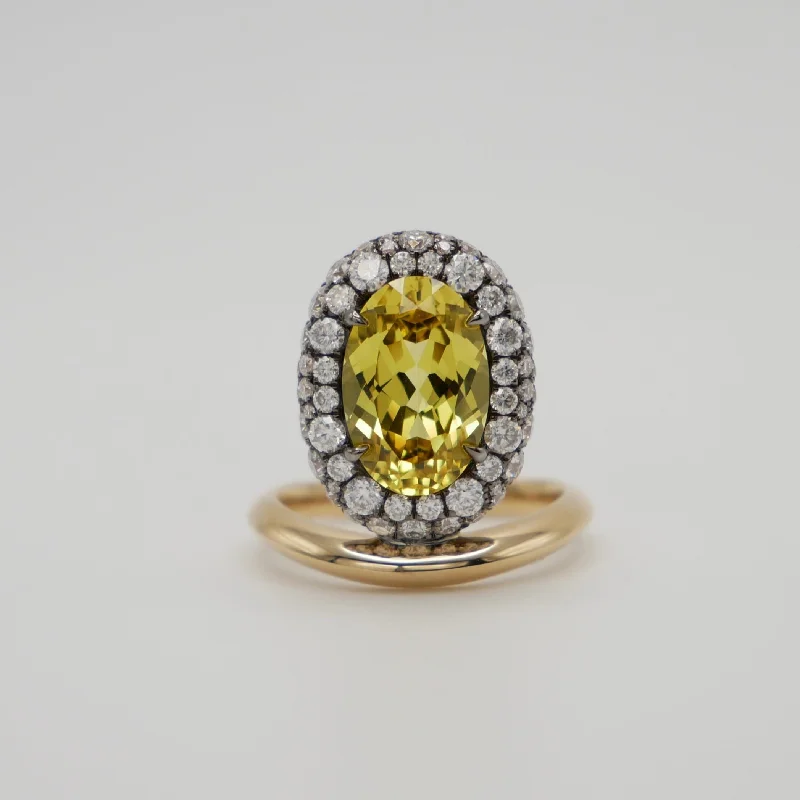 custom wedding bands for women -3 Carat Oval Yellow Sapphire Donut Ring with Pave Moissanites in 18K Yellow and Blackened Gold