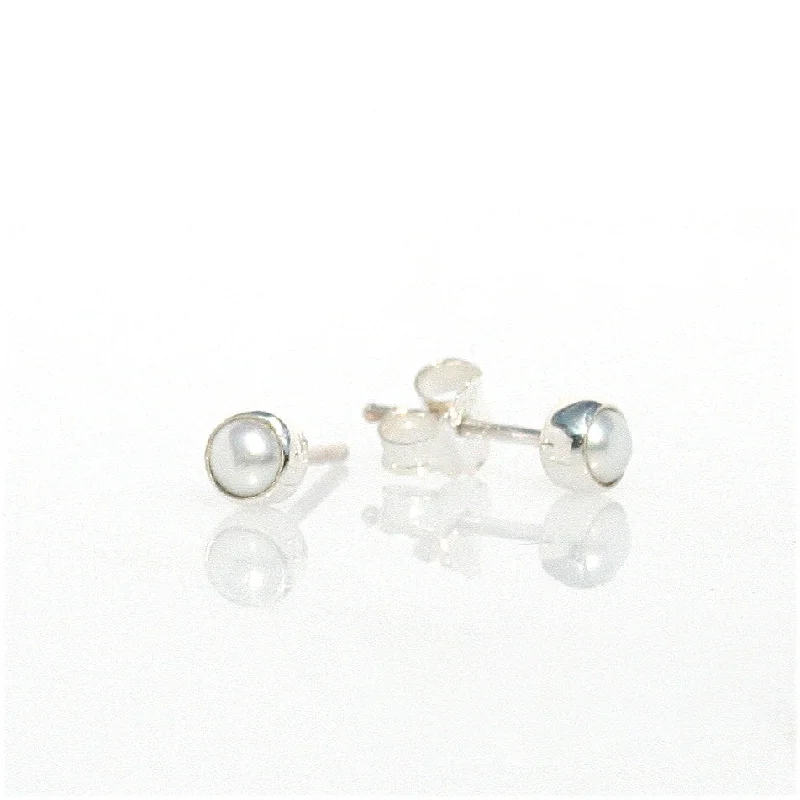 layered earrings for women -White Pearl Studs Bezel Set 4mm