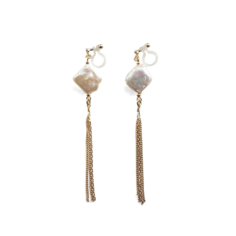 crystal earrings for women -Square freshwater pearl with chain invisible clip on earrings