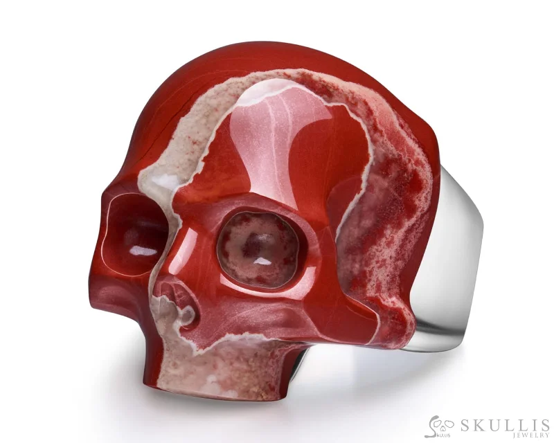 silver wedding rings for women -Skullis Signature Red Jasper Gem Skull Ring, Hand Carved, Sterling Silver, for Women & Men