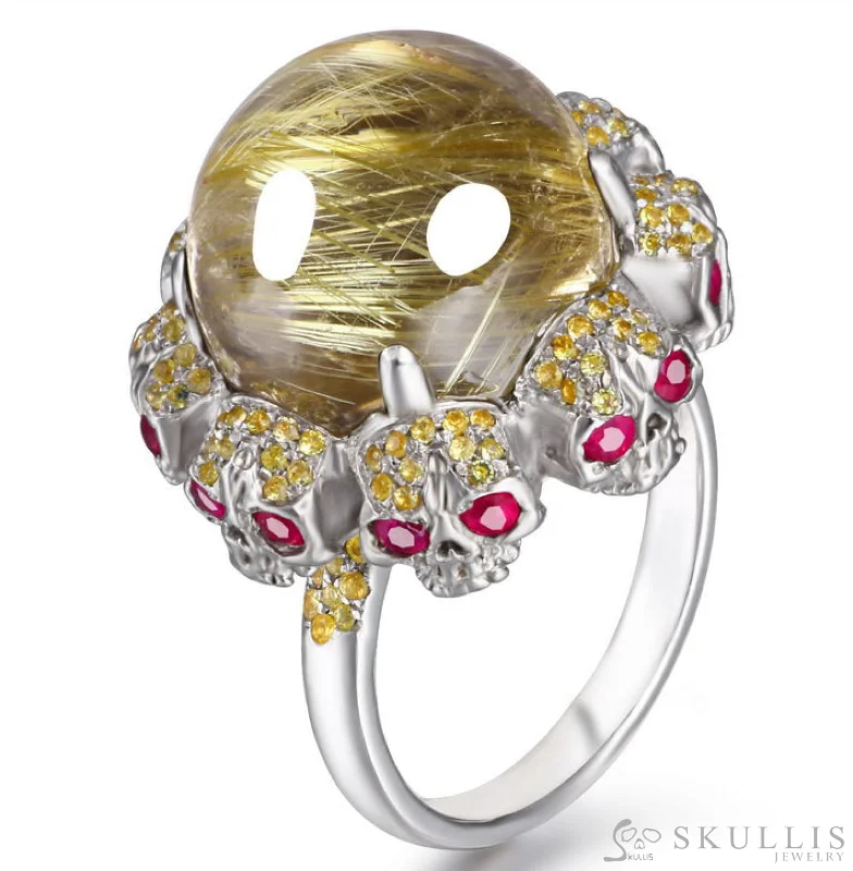 contemporary rings for women -Gem Skull Ring of Rutilated Quartz Rock & Skulls with Ruby Eyes in 925 Sterling Silver