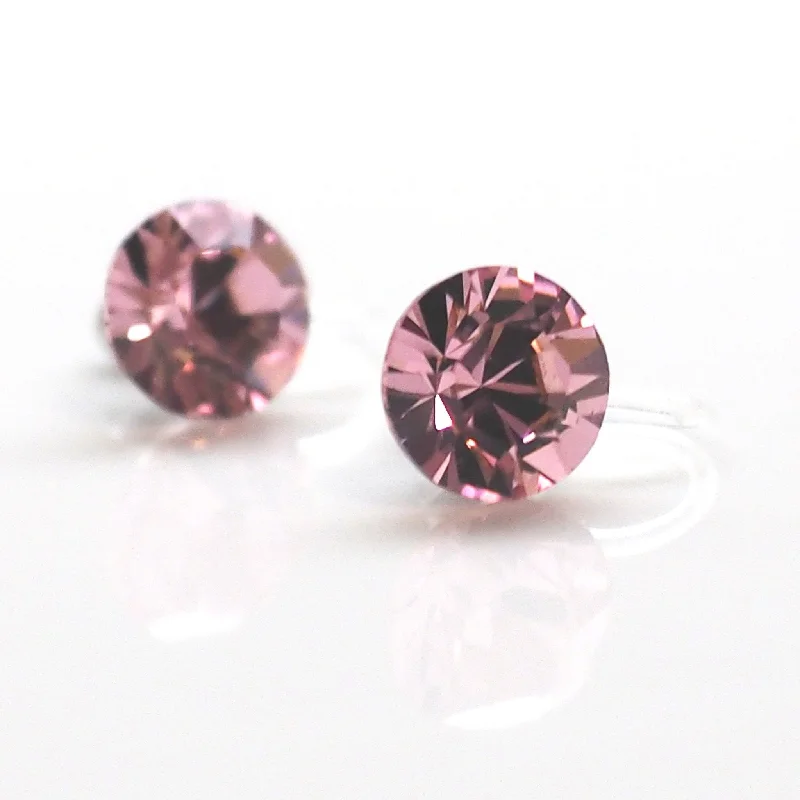 crystal earrings for women -Light rose Swarovski crystal invisible clip on stud earrings