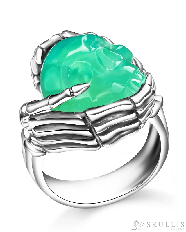 birthstone rings for women -Gem Skull Ring of Chrysoprase Carved Skull with Silver Skeletal Hands in 925 Sterling Silver